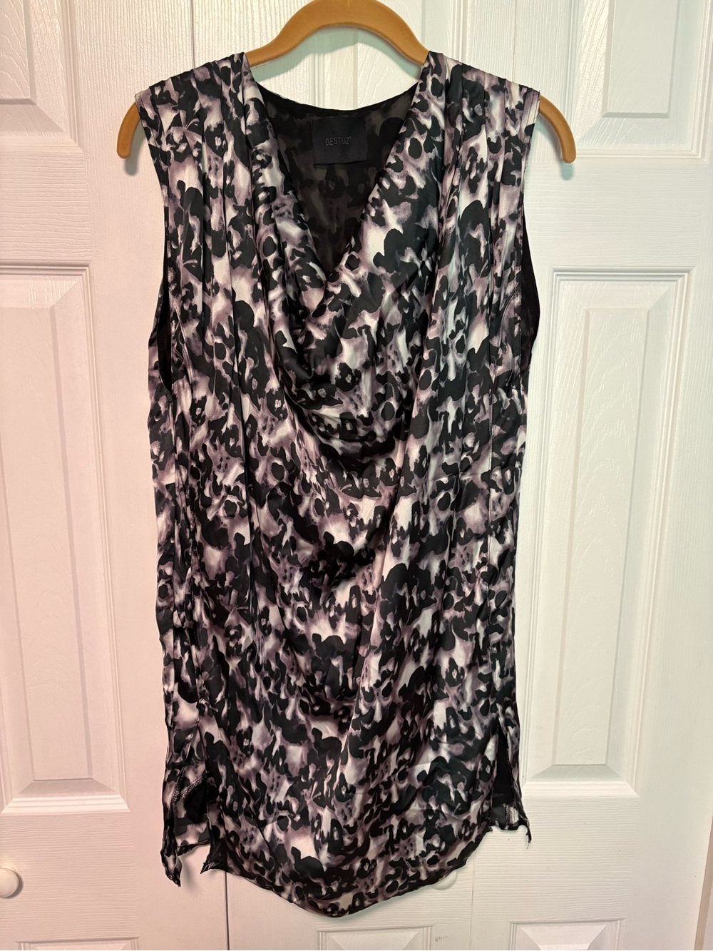 Gestuz Sleeveless Cowl Neck Dress - Black, Grey & White Abstract Print